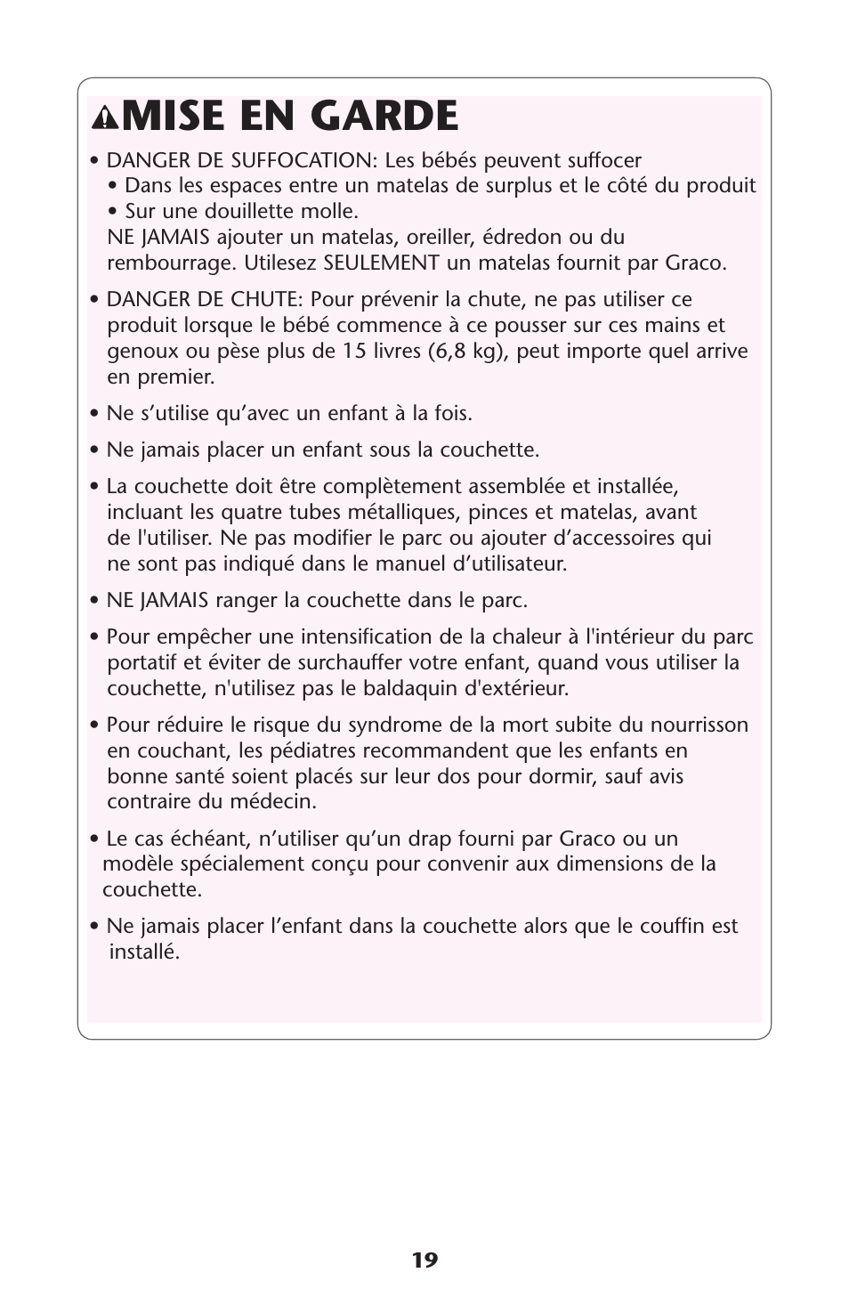 Mise en garde | Graco Playard none User Manual | Page 19 / 56