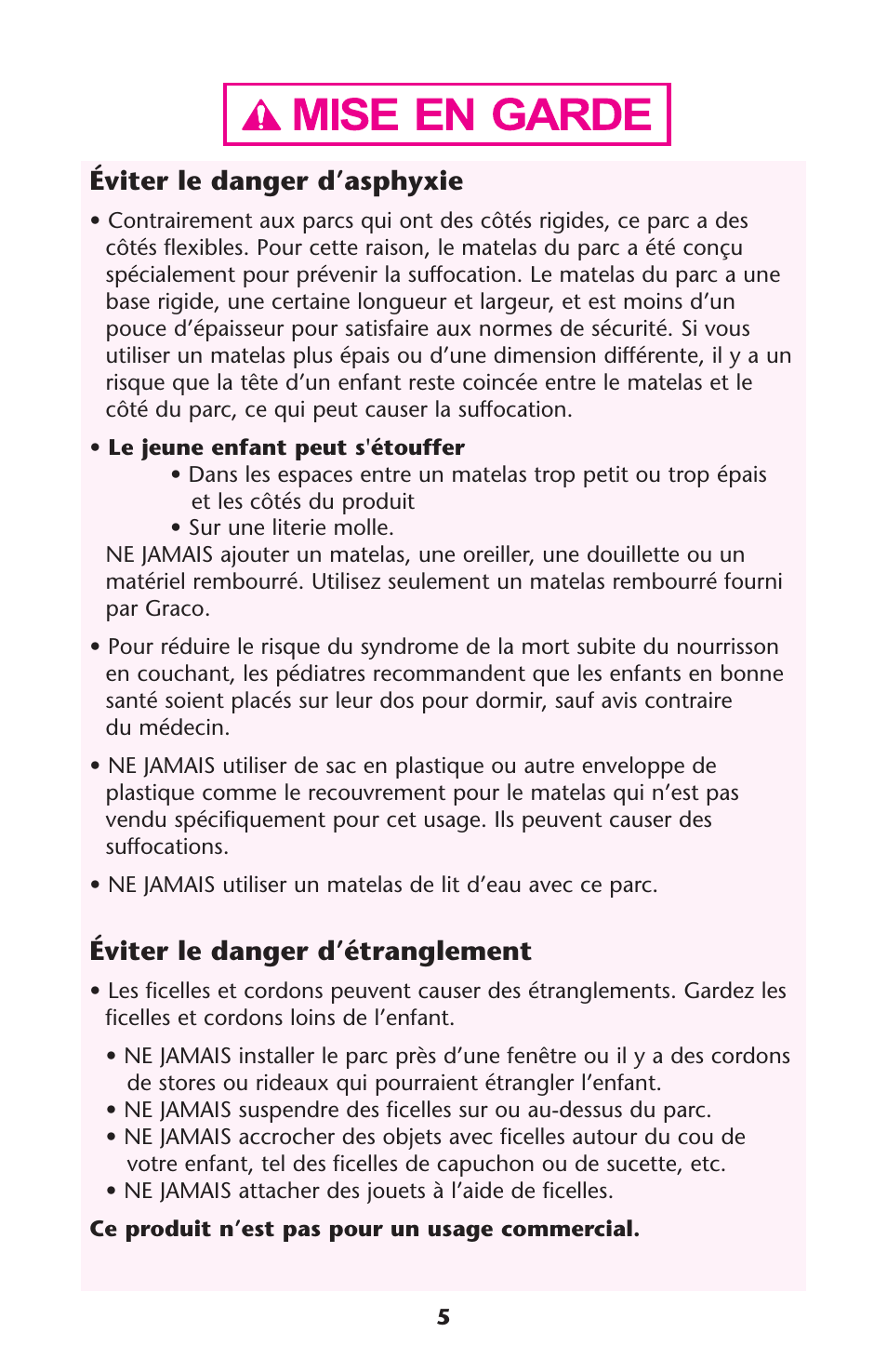 Éviter le danger d’asphyxie, Éviter le danger d’étranglement | Graco Playard none User Manual | Page 5 / 56