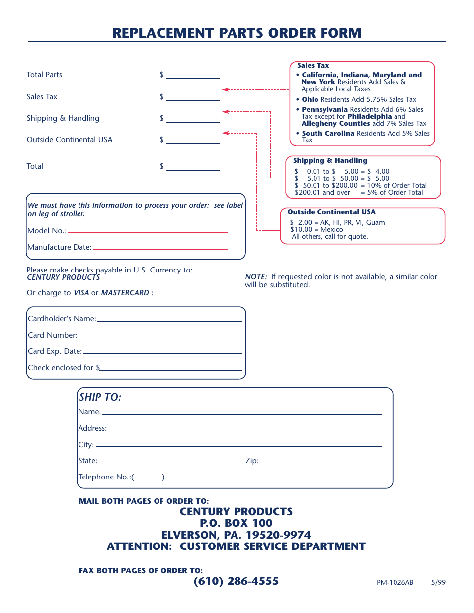 Replacement parts order form, Ship to | Century PM-1026AB User Manual | Page 13 / 40