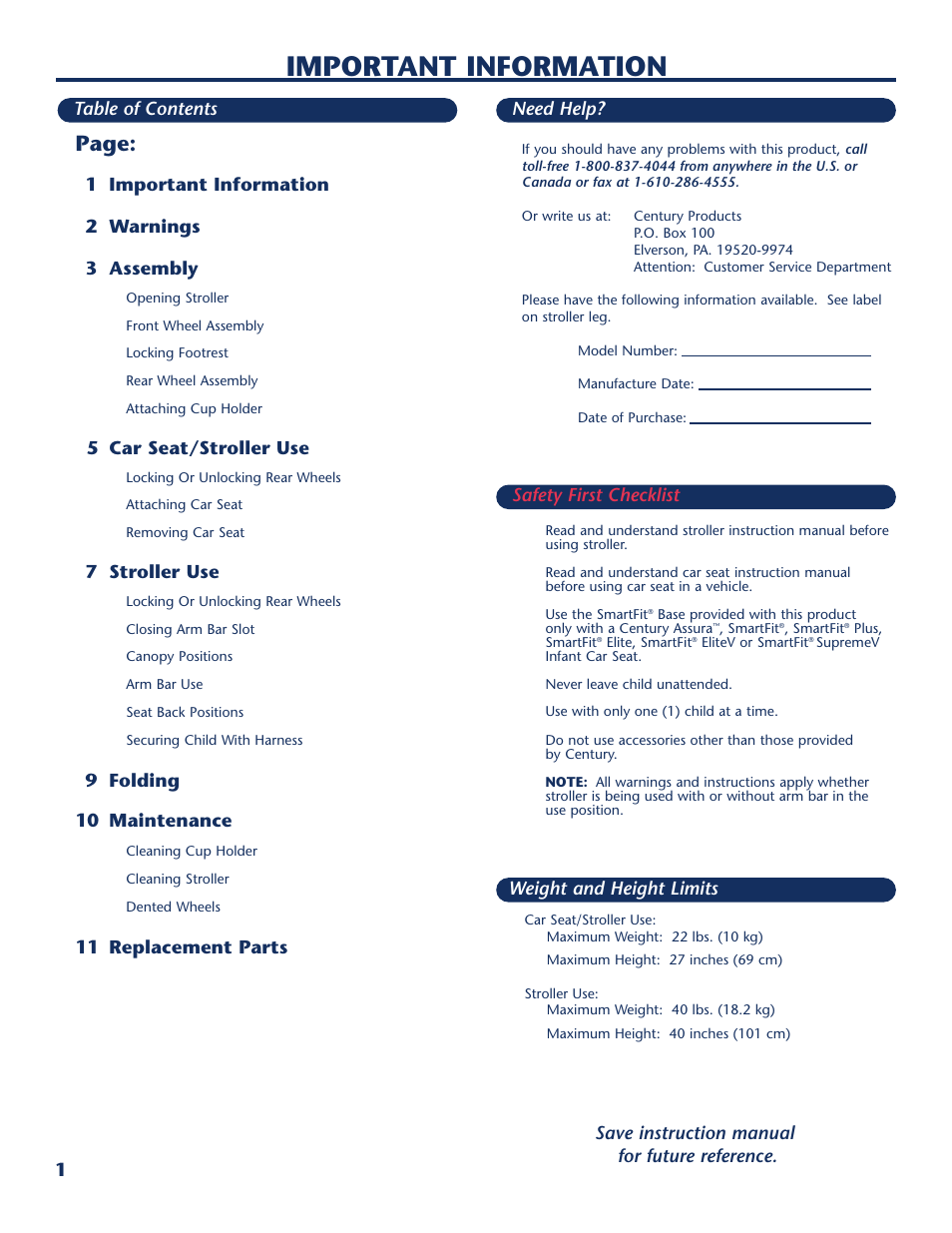 Important information, Page, Need help | 1 important information 2 warnings 3 assembly, 5 car seat/stroller use, 7 stroller use, 9 folding 10 maintenance | Century PM-1026AB User Manual | Page 2 / 40