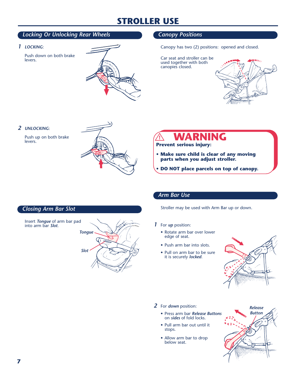 Warning, Stroller use | Century PM-1026AB User Manual | Page 8 / 40