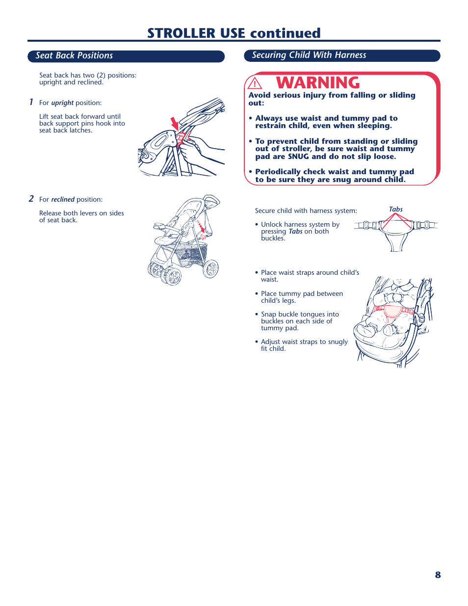 Warning, Stroller use continued | Century PM-1026AB User Manual | Page 9 / 40