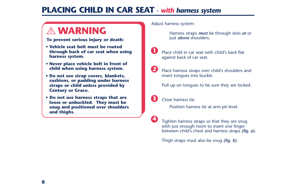 Warning, Placing child in car seat, With harness system | Century PM-1378AB User Manual | Page 10 / 32
