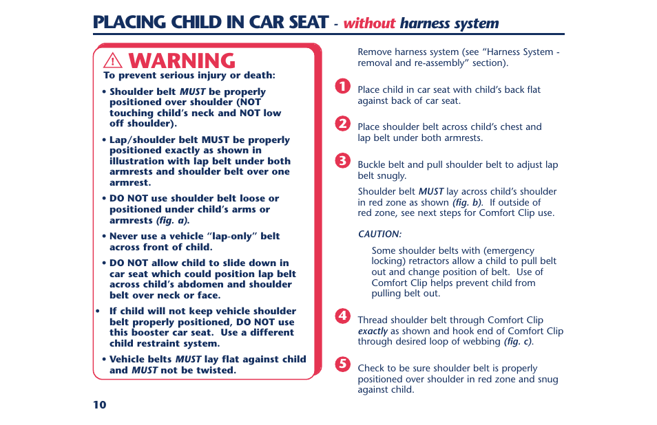 Warning, Placing child in car seat, Without harness system | Century PM-1378AB User Manual | Page 12 / 32
