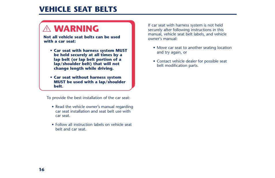 Warning, Vehicle seat belts | Century PM-1378AB User Manual | Page 18 / 32