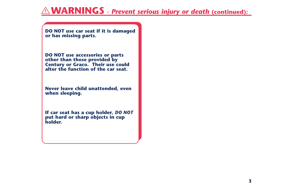 Warnings | Century PM-1378AB User Manual | Page 5 / 32
