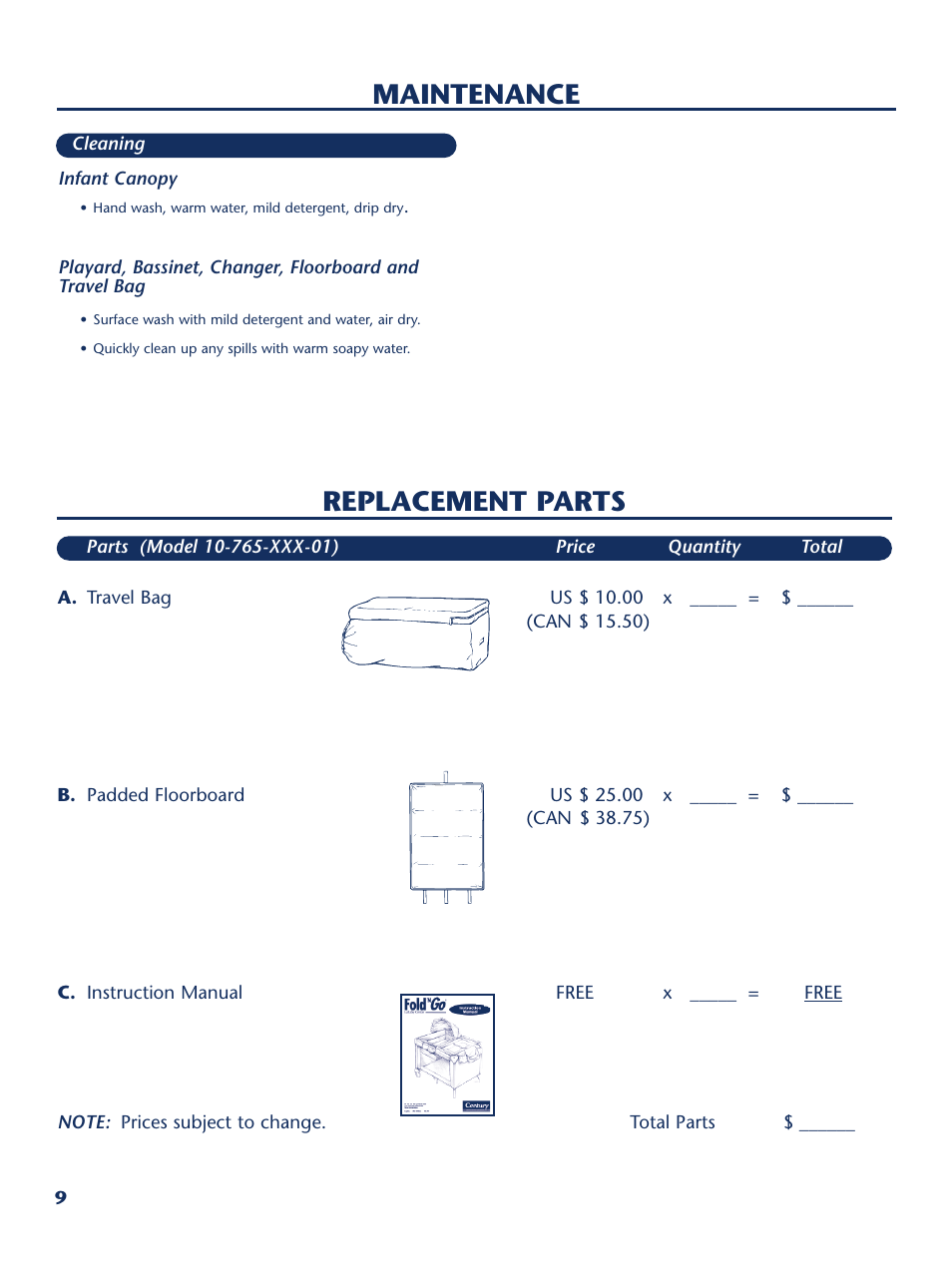 Replacement parts, Maintenance | Century PM-1647AA User Manual | Page 10 / 12