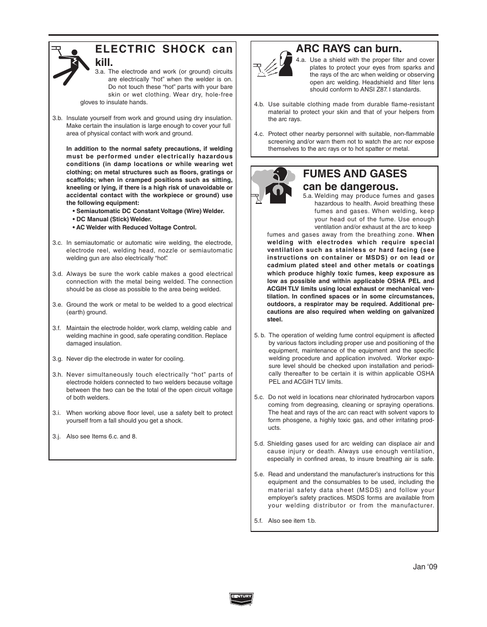 Safety, Arc rays can burn, Electric shock can kill | Fumes and gases can be dangerous | Century INVERTER ARC IM998 User Manual | Page 3 / 24