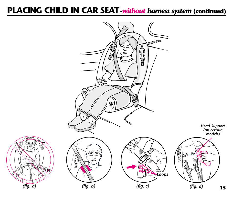 Placing child in car seat, Without harness system | Century Deluxe Series User Manual | Page 17 / 40
