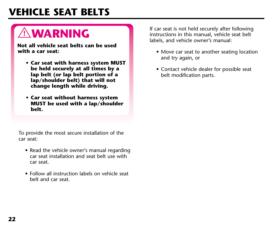 Warning, Vehicle seat belts | Century Deluxe Series User Manual | Page 24 / 40