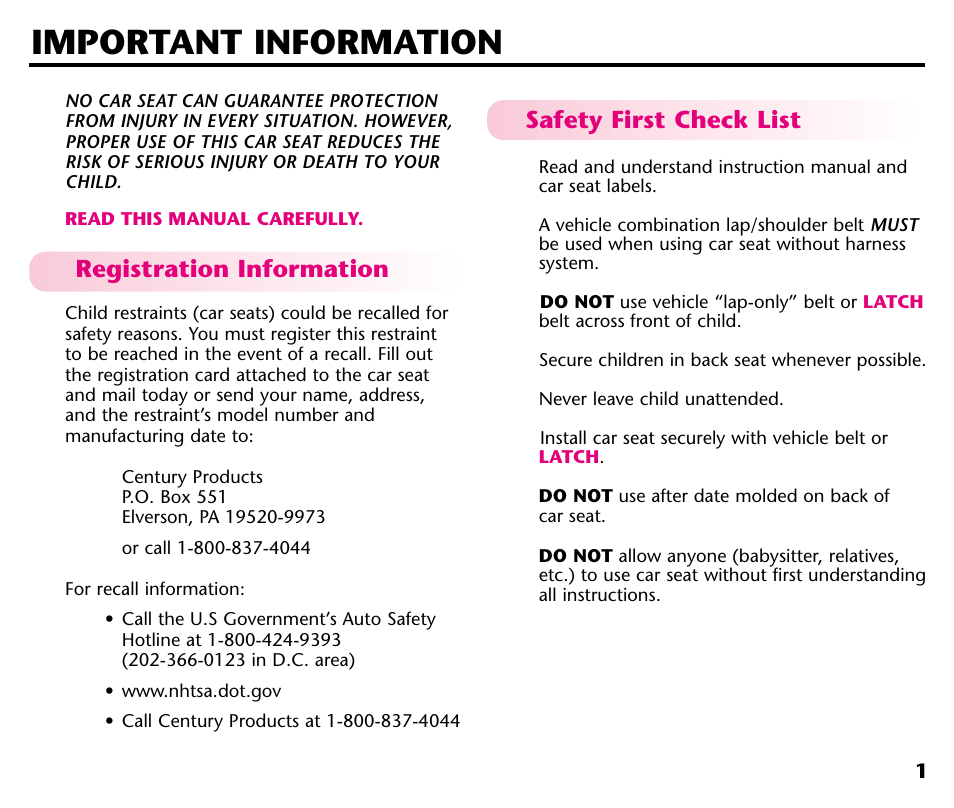 Important information, Registration information, Safety first check list | Century Deluxe Series User Manual | Page 3 / 40