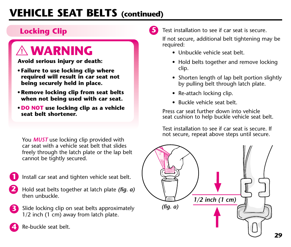 Warning, Vehicle seat belts, Locking clip | Continued) | Century Deluxe Series User Manual | Page 31 / 40