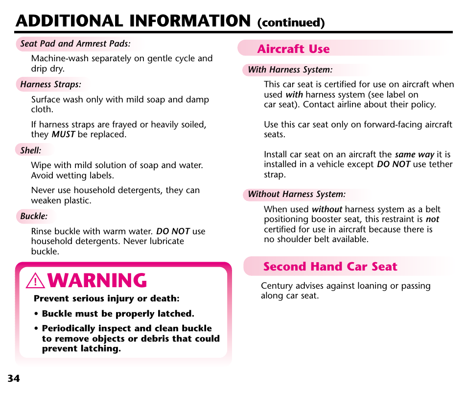 Warning, Additional information | Century Deluxe Series User Manual | Page 36 / 40