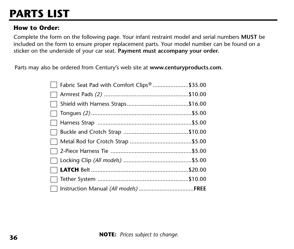 Parts list | Century Deluxe Series User Manual | Page 38 / 40