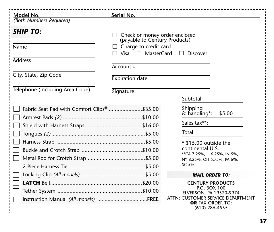 Ship to | Century Deluxe Series User Manual | Page 39 / 40