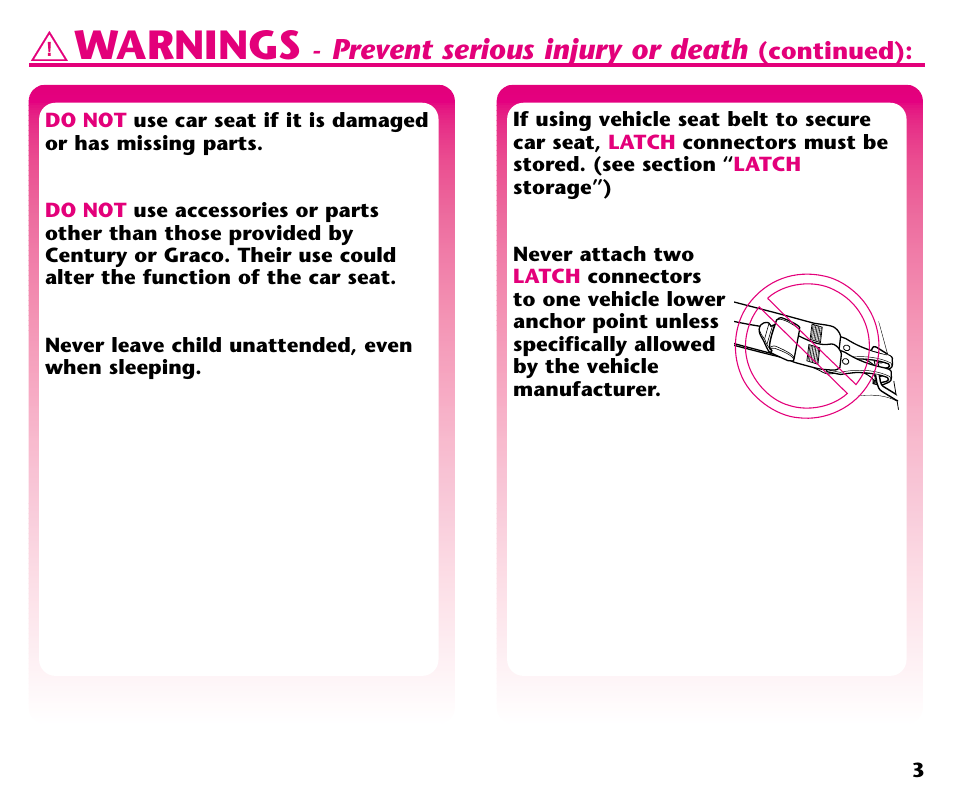 Warnings, Prevent serious injury or death | Century Deluxe Series User Manual | Page 5 / 40
