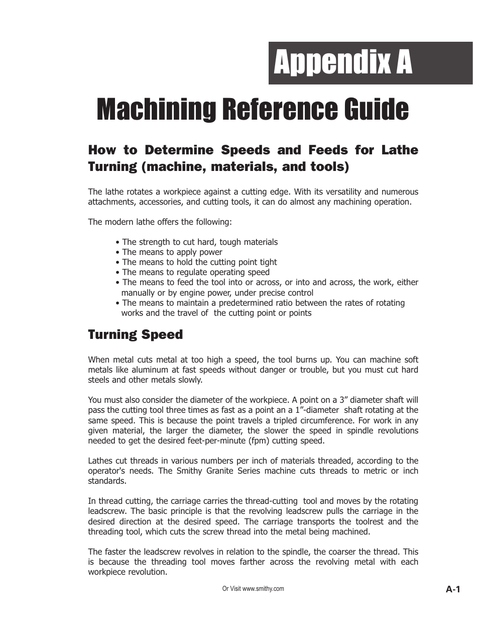 Appendix a, Machining reference guide, Turning speed | Smithy GN1300 User Manual | Page 103 / 123