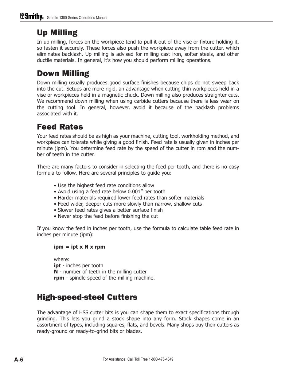 Up milling, Down milling, Feed rates | High-speed-steel cutters | Smithy GN1300 User Manual | Page 108 / 123