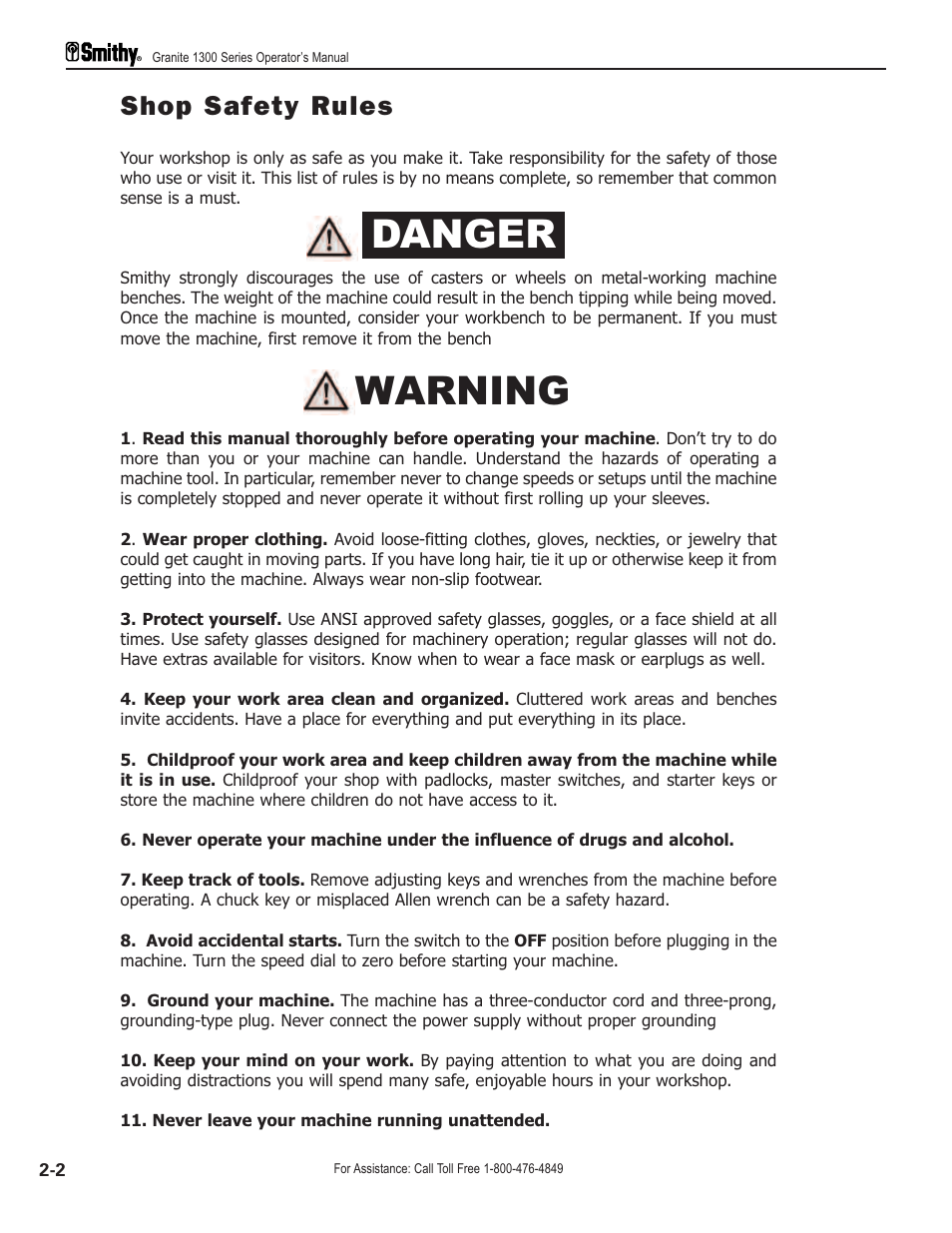 Danger, Warning, Shop safety rules | Smithy GN1300 User Manual | Page 11 / 123