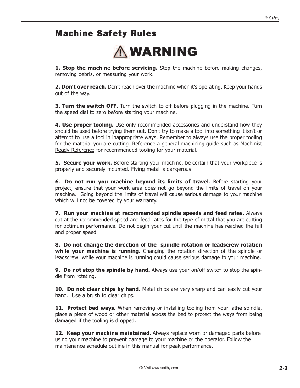 Warning, Machine safety rules | Smithy GN1300 User Manual | Page 12 / 123