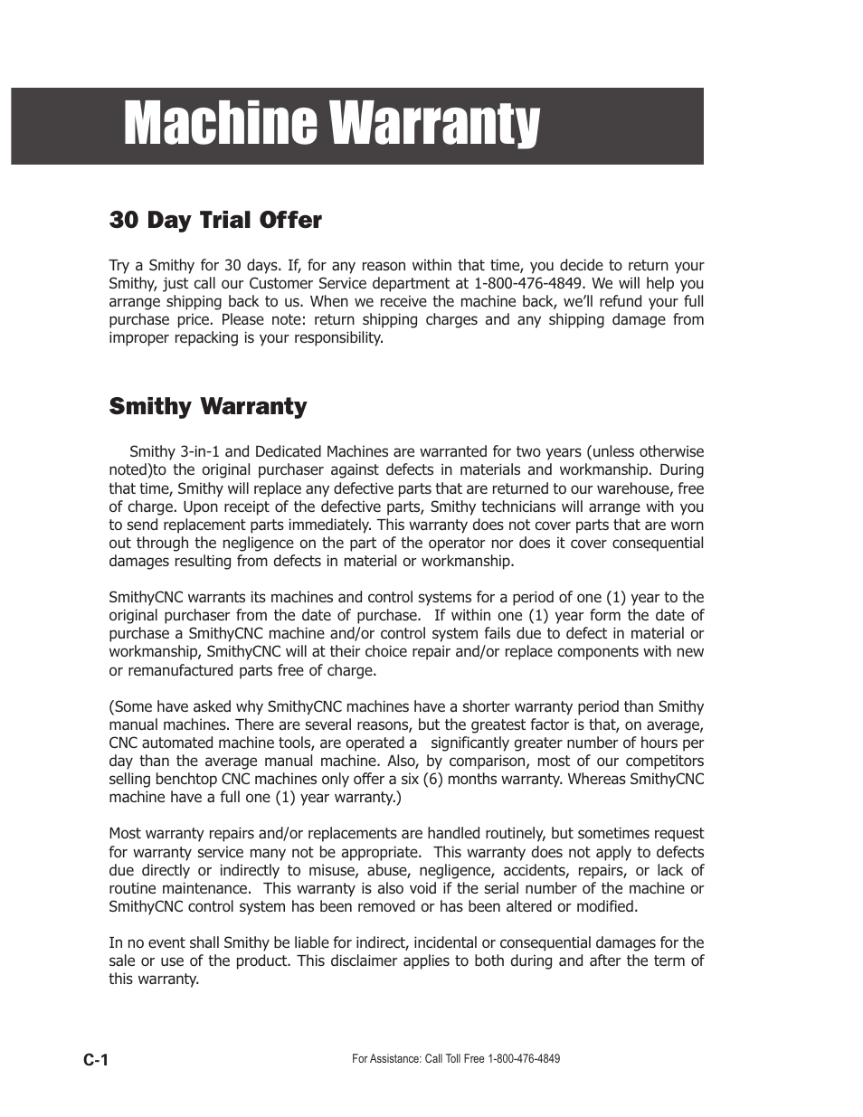 Machine warranty, 30 day trial offer, Smithy warranty | Smithy GN1300 User Manual | Page 122 / 123