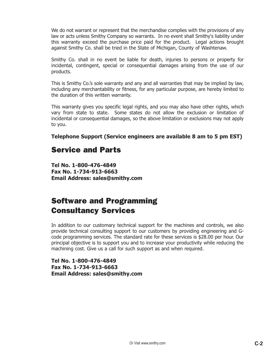 Service and parts, Software and programming consultancy services | Smithy GN1300 User Manual | Page 123 / 123