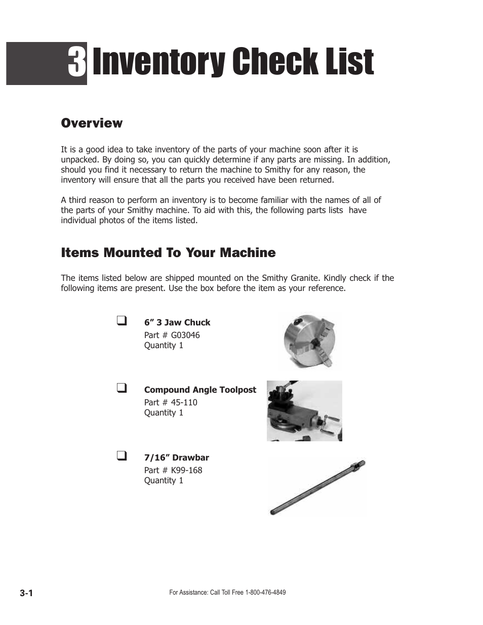 Inventory check list, Overview, Items mounted to your machine | Smithy GN1300 User Manual | Page 13 / 123