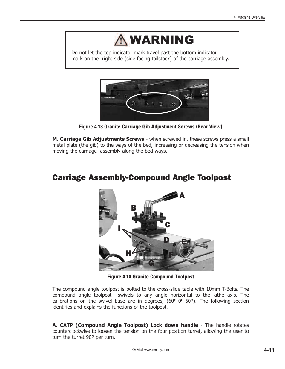 Warning, Carriage assembly-compound angle toolpost | Smithy GN1300 User Manual | Page 28 / 123