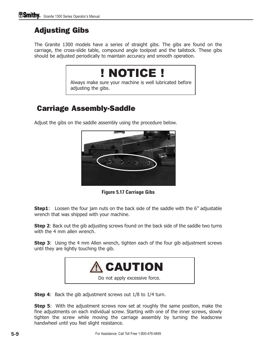 Notice, Caution, Adjusting gibs | Carriage assembly-saddle | Smithy GN1300 User Manual | Page 39 / 123