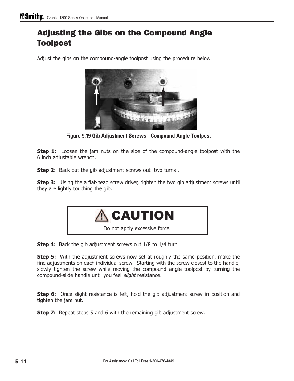 Caution, Adjusting the gibs on the compound angle toolpost | Smithy GN1300 User Manual | Page 41 / 123