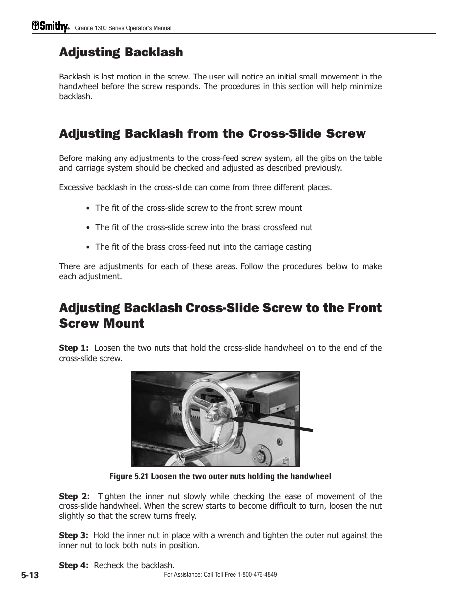 Adjusting backlash, Adjusting backlash from the cross-slide screw | Smithy GN1300 User Manual | Page 43 / 123