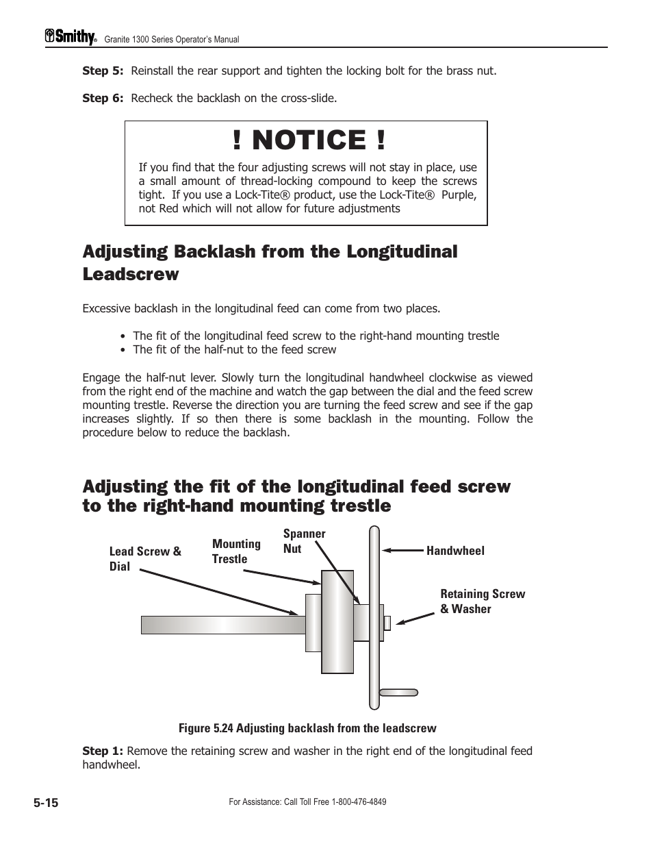Notice, Adjusting backlash from the longitudinal leadscrew | Smithy GN1300 User Manual | Page 45 / 123