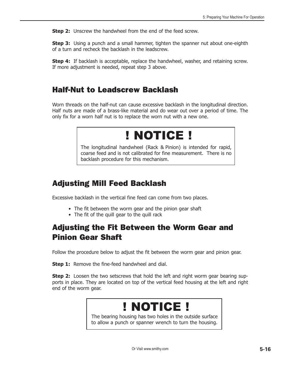 Notice, Half-nut to leadscrew backlash, Adjusting mill feed backlash | Smithy GN1300 User Manual | Page 46 / 123