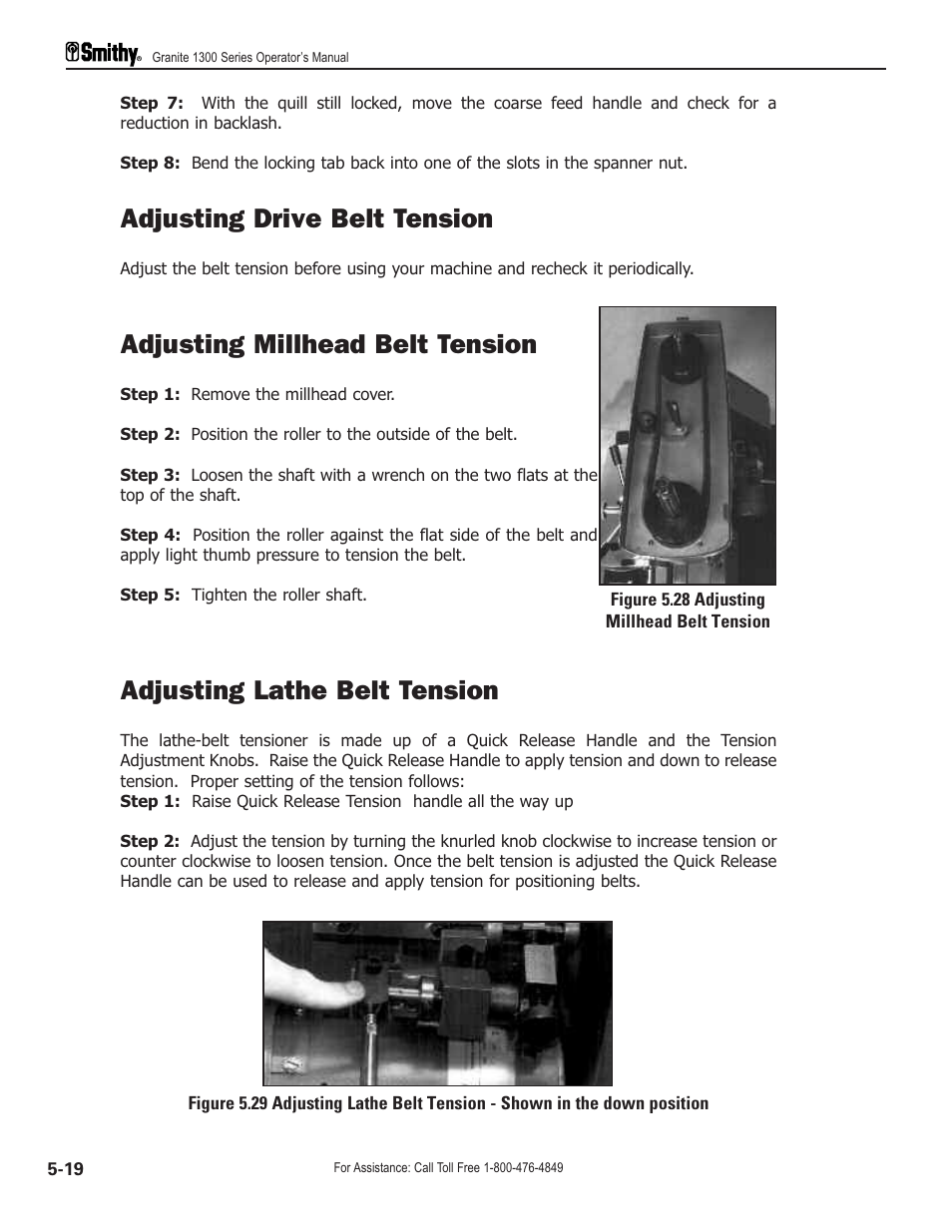 Adjusting drive belt tension, Adjusting millhead belt tension, Adjusting lathe belt tension | Smithy GN1300 User Manual | Page 49 / 123
