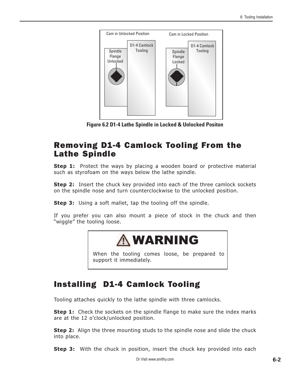 Warning, Installing d1-4 camlock tooling | Smithy GN1300 User Manual | Page 54 / 123