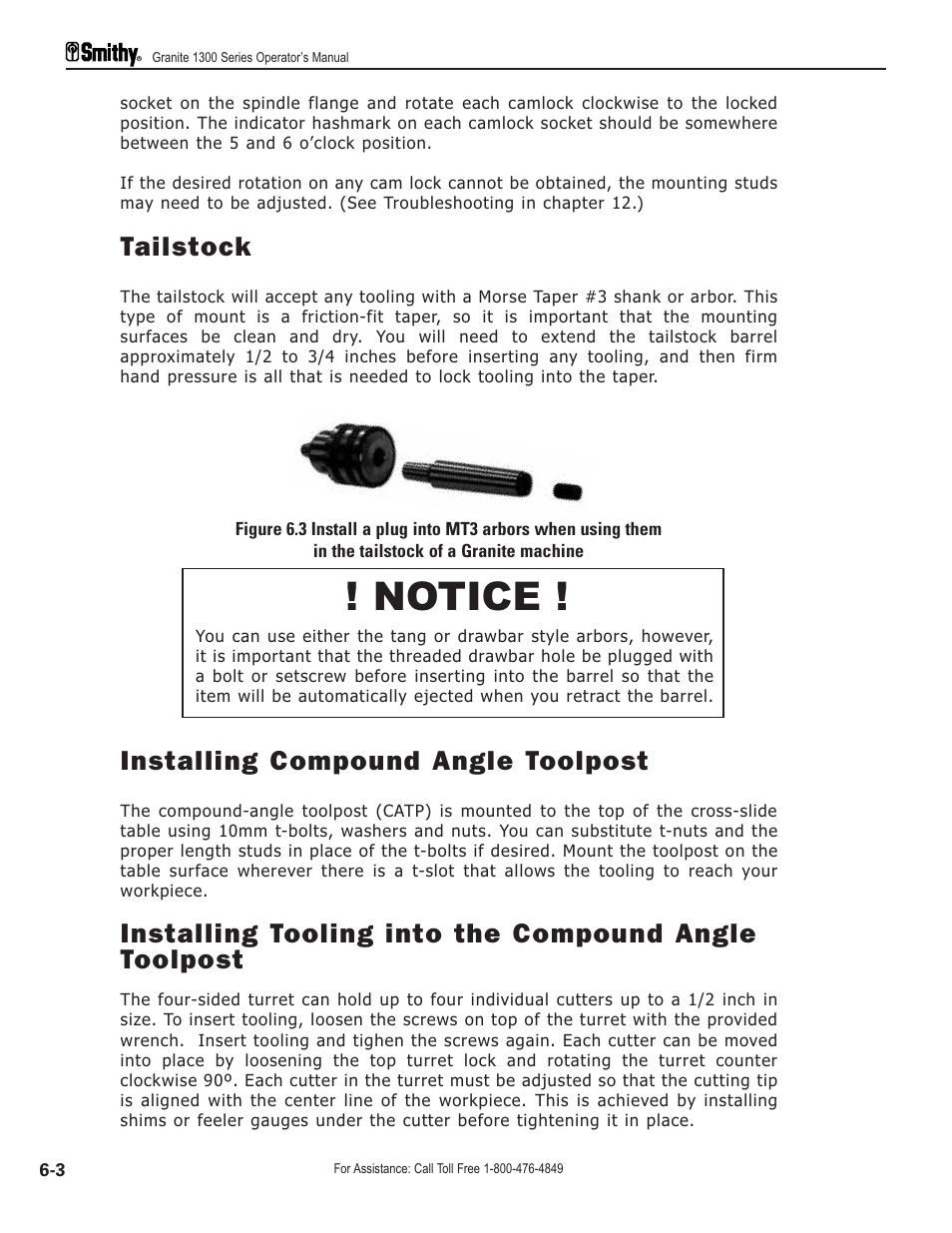 Notice, Tailstock, Installing compound angle toolpost | Smithy GN1300 User Manual | Page 55 / 123