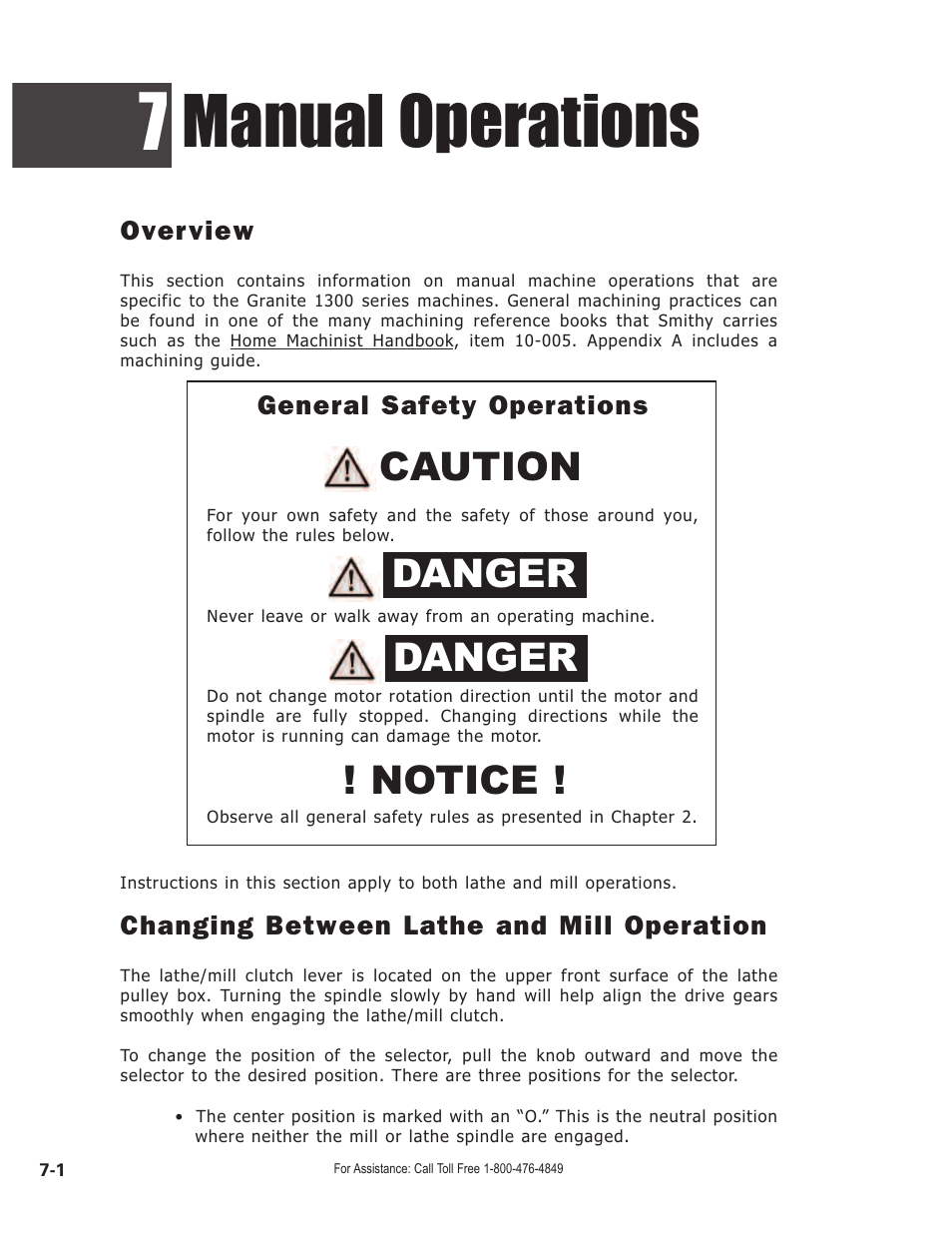 Manual operations, Caution danger danger ! notice, Overview | Changing between lathe and mill operation, General safety operations | Smithy GN1300 User Manual | Page 59 / 123