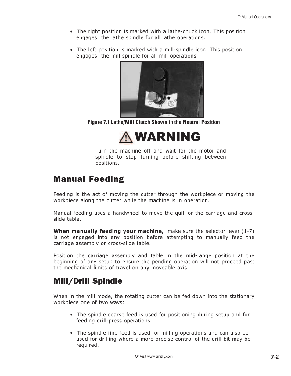 Warning, Manual feeding, Mill/drill spindle | Smithy GN1300 User Manual | Page 60 / 123