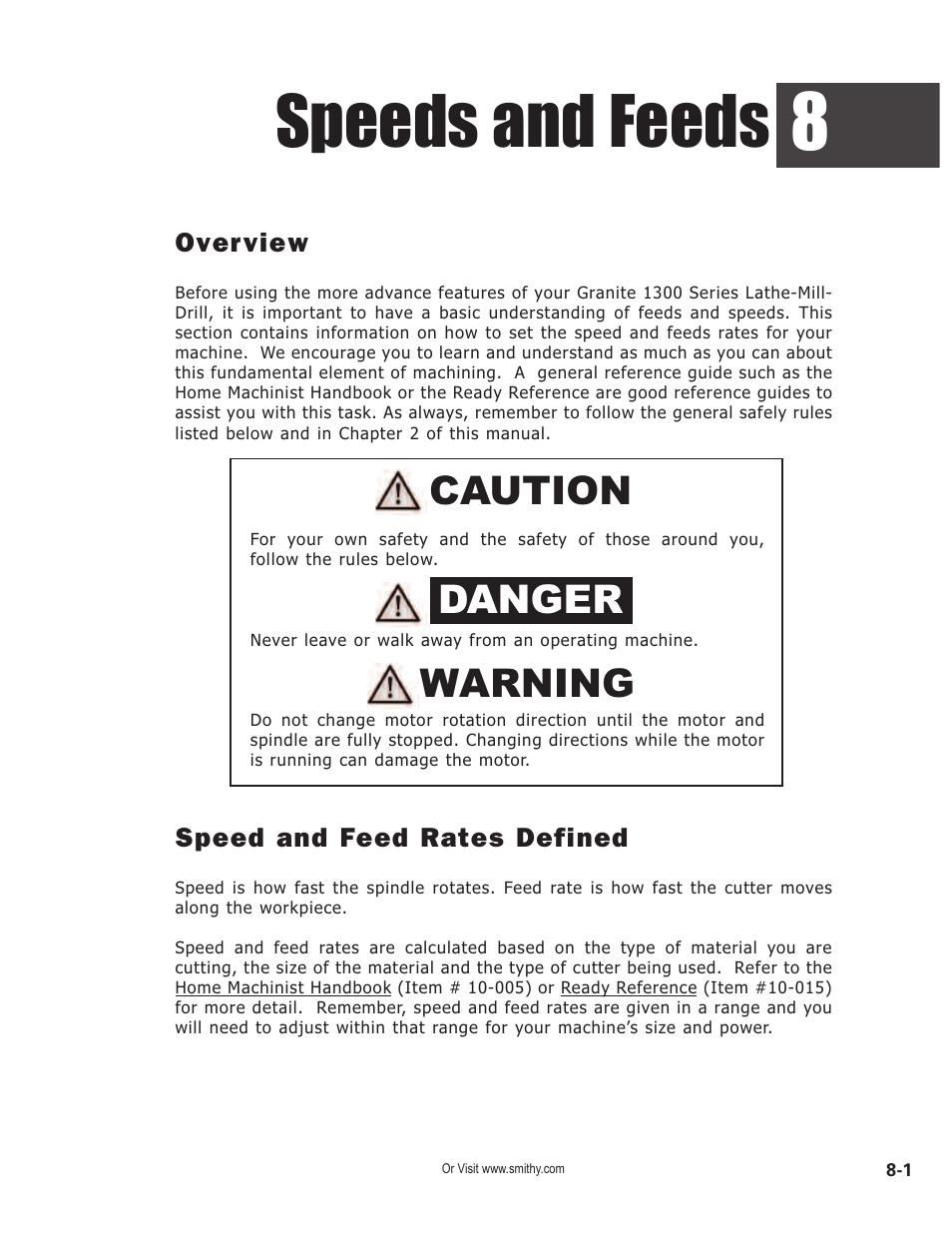 Speeds and feeds, Caution danger warning, Overview | Speed and feed rates defined | Smithy GN1300 User Manual | Page 64 / 123