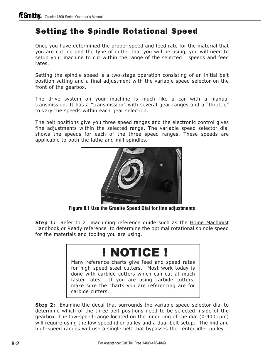 Notice, Setting the spindle rotational speed | Smithy GN1300 User Manual | Page 65 / 123