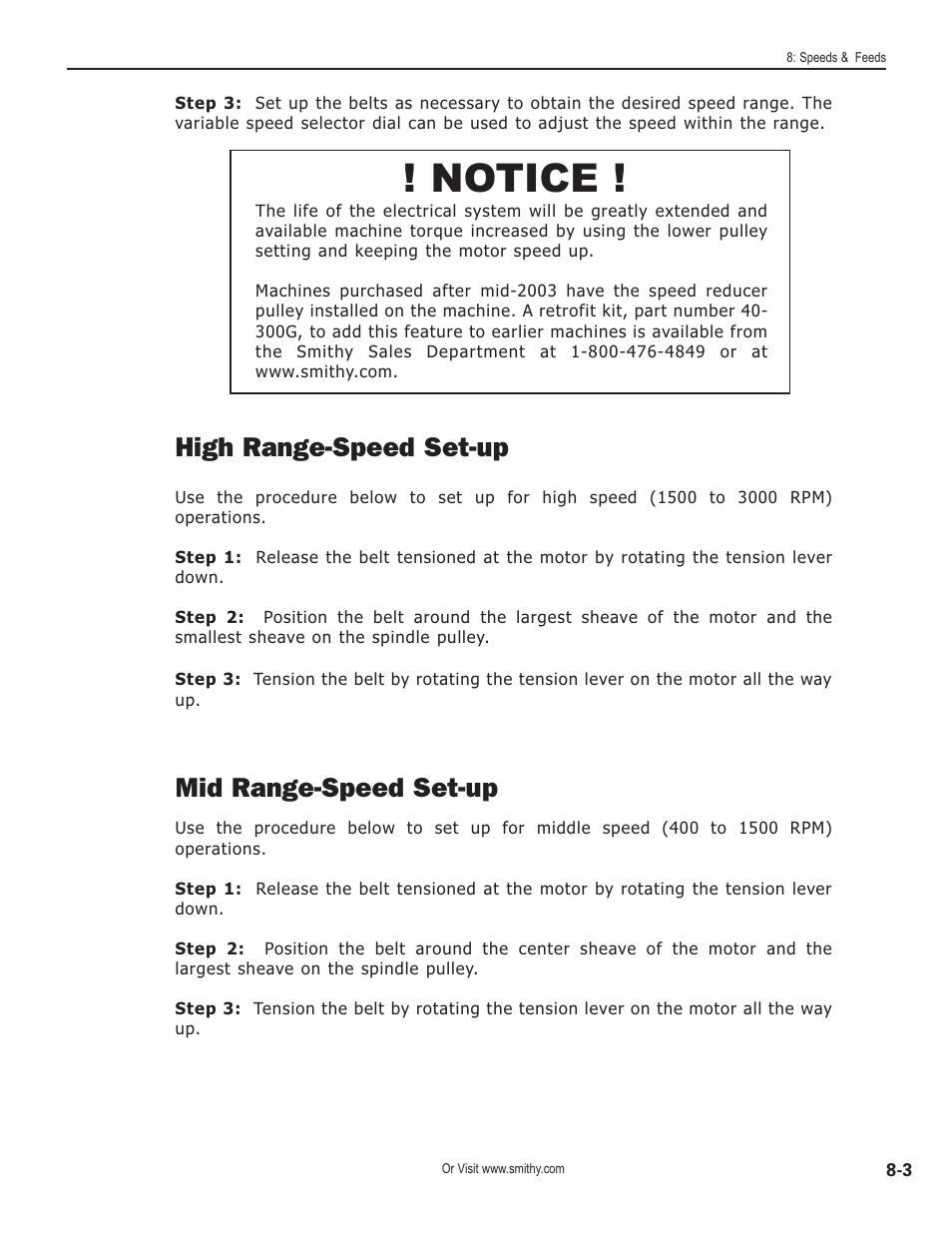 Notice, High range-speed set-up, Mid range-speed set-up | Smithy GN1300 User Manual | Page 66 / 123