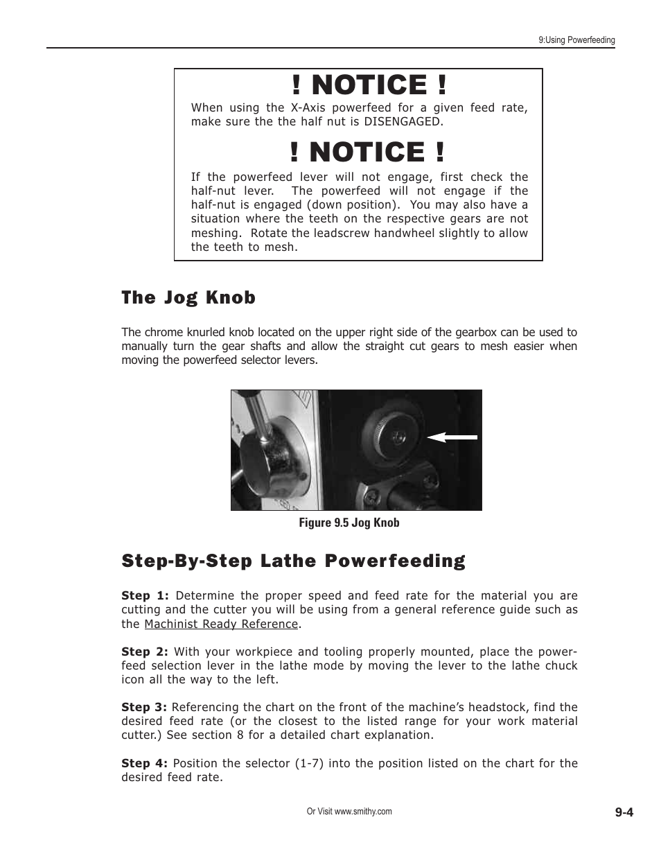 Notice, The jog knob, Step-by-step lathe power feeding | Smithy GN1300 User Manual | Page 76 / 123