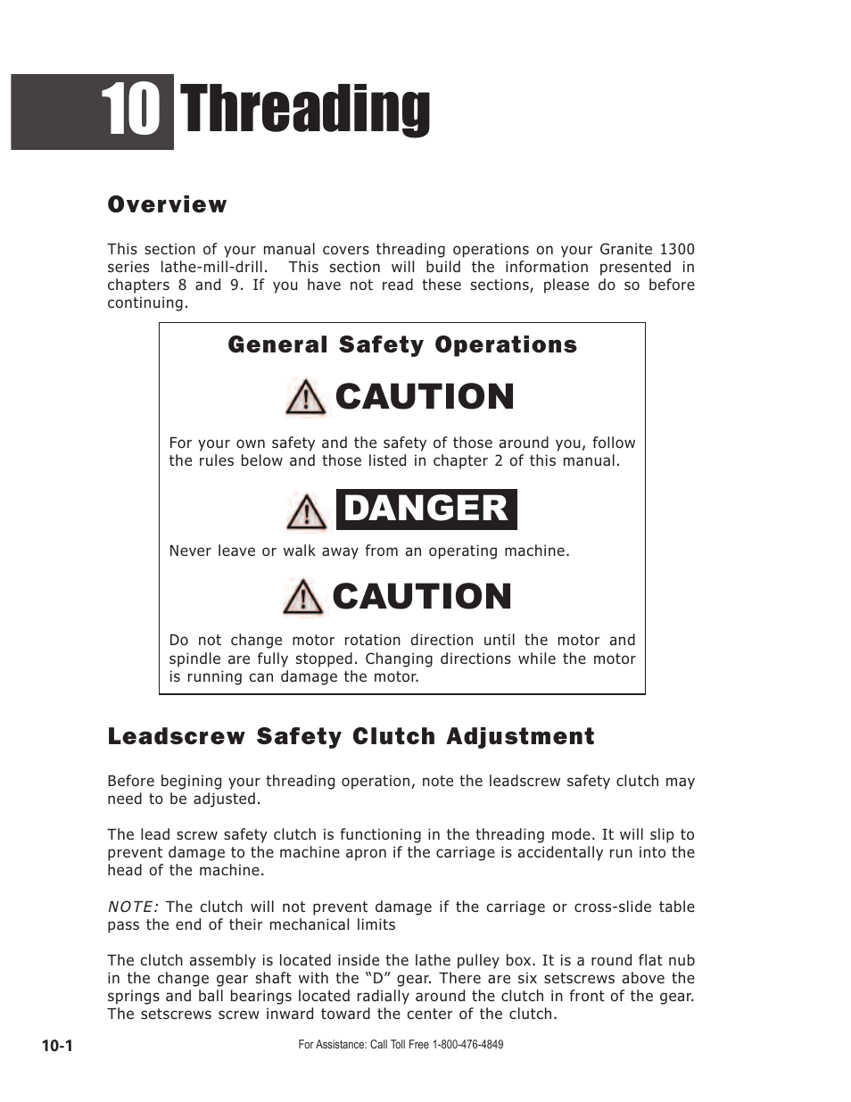 Threading, Caution, Caution danger | Overview, Leadscrew safety clutch adjustment, General safety operations | Smithy GN1300 User Manual | Page 79 / 123