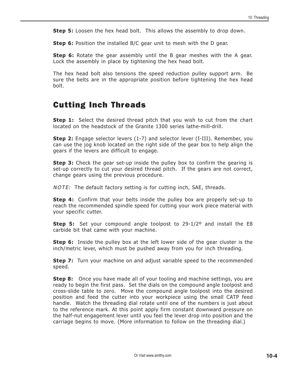 Cutting inch threads | Smithy GN1300 User Manual | Page 82 / 123