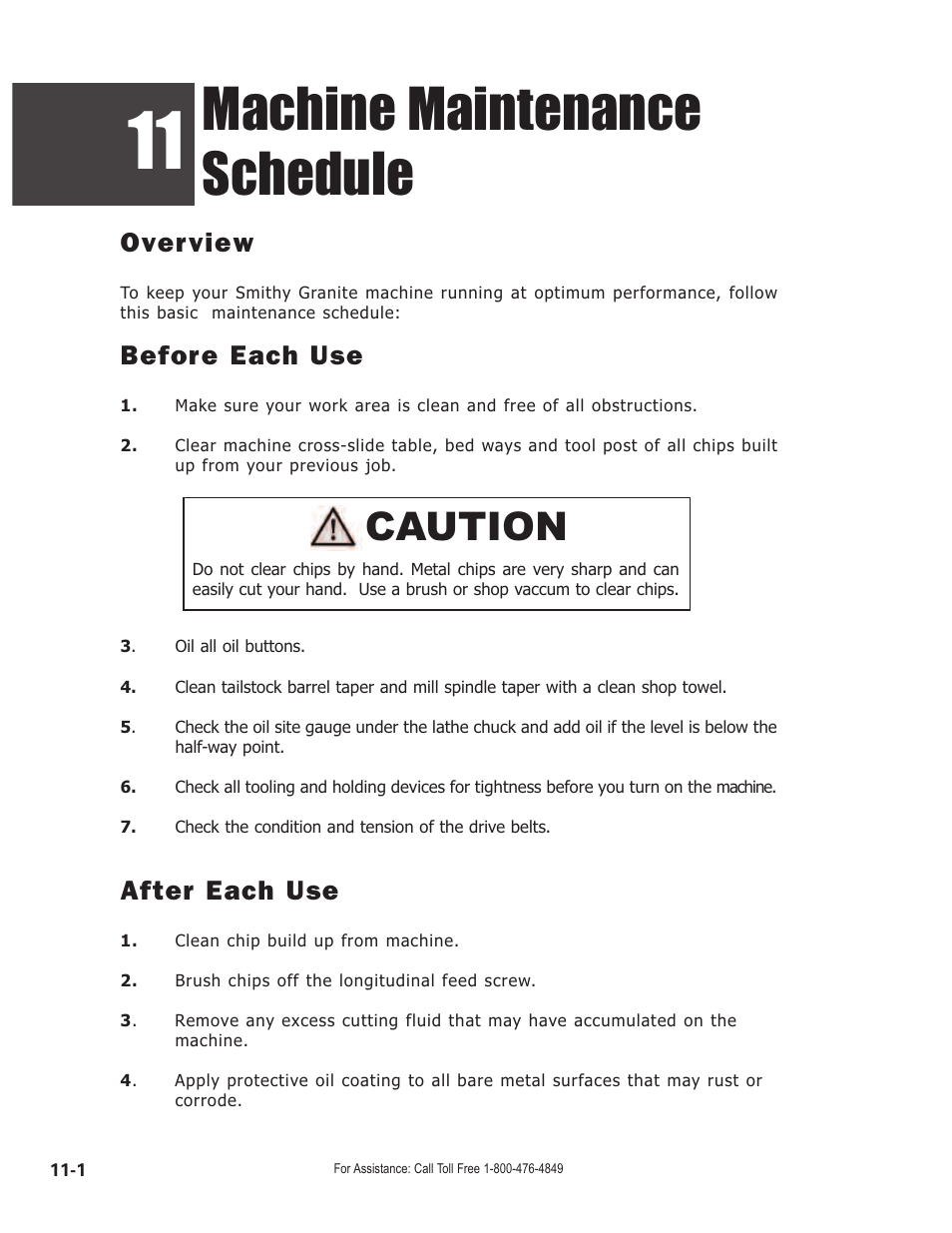 Machine maintenance schedule, Caution, Overview | Before each use, After each use | Smithy GN1300 User Manual | Page 85 / 123