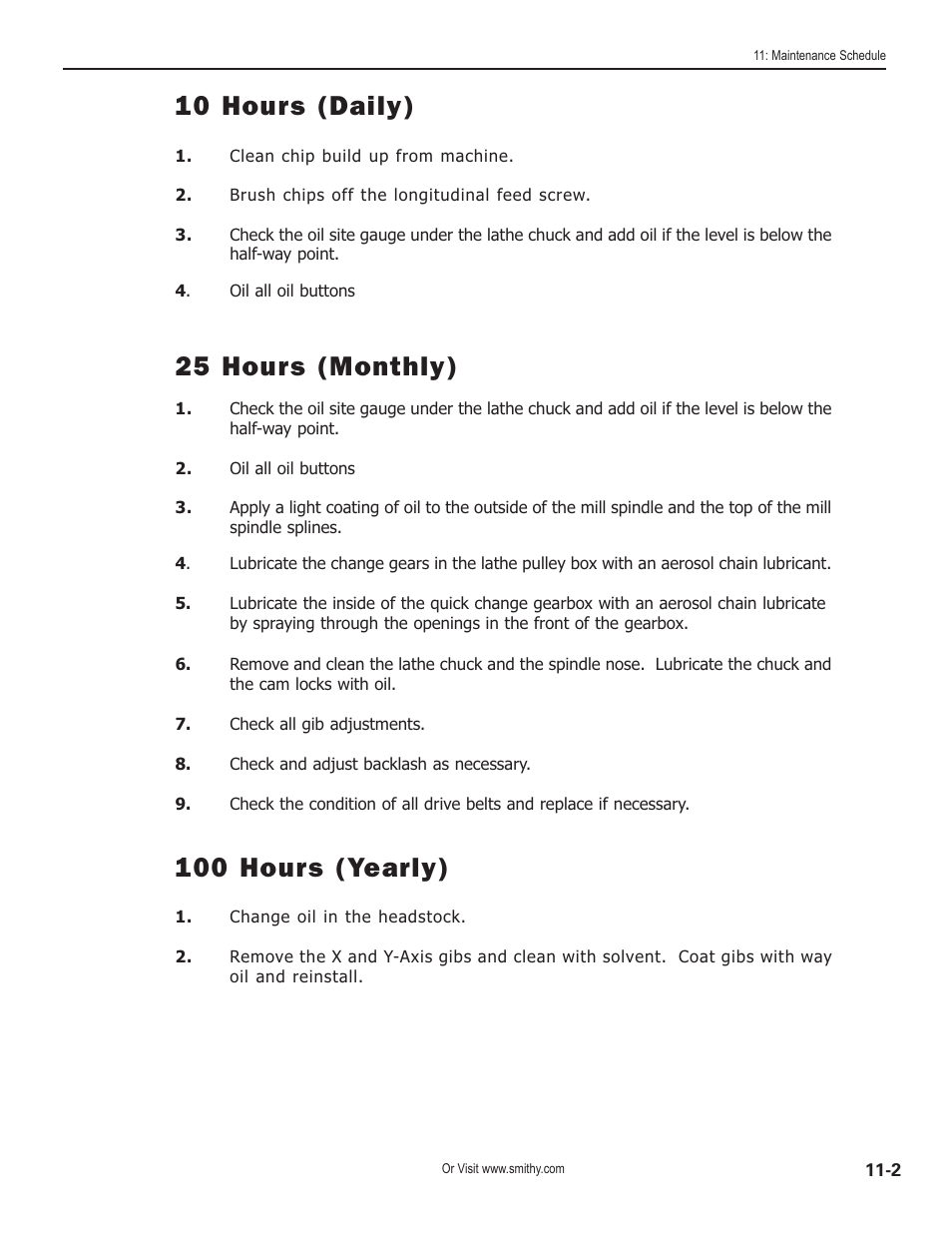 10 hours (daily), 25 hours (monthly), 100 hours (yearly) | Smithy GN1300 User Manual | Page 86 / 123