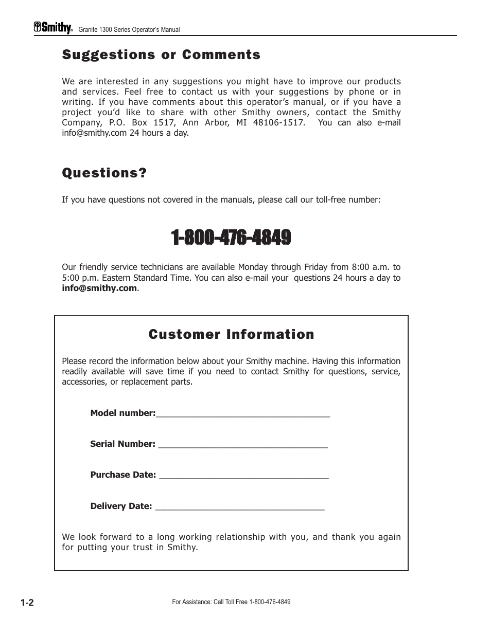 Suggestions or comments, Questions, Customer information | Smithy GN1300 User Manual | Page 9 / 123