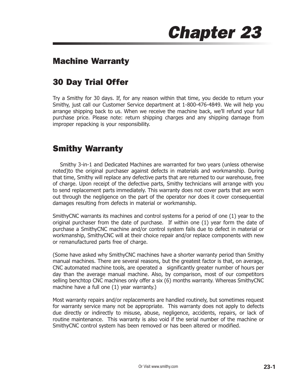 Chapter 23, Machine warranty 30 day trial offer, Smithy warranty | Smithy Midas 1220 LTD User Manual | Page 103 / 105