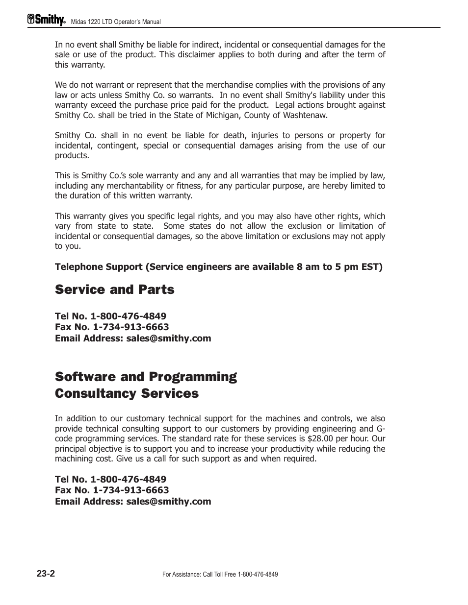 Service and parts, Software and programming consultancy services | Smithy Midas 1220 LTD User Manual | Page 104 / 105