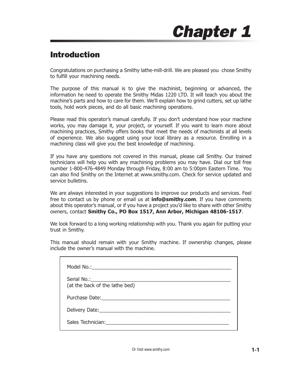 Chapter 1, Introduction | Smithy Midas 1220 LTD User Manual | Page 13 / 105